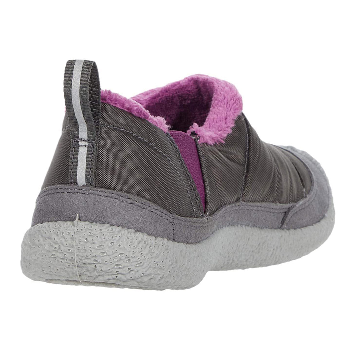 A child&#39;s grey Keen Howser II shoe with a pink interior and a velcro strap, featuring lightweight performance mesh.