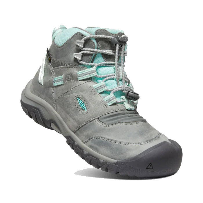 A single Keen Ridge Flex Mid Child Grey/Blue Tint hiking boot with laces, a padded collar, and a rubber sole, displayed against a white background.