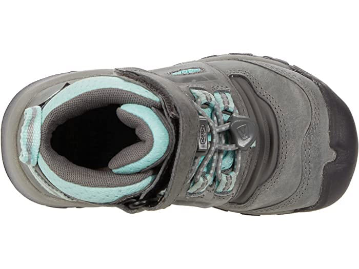 Top view of a child&#39;s gray and teal Keen Ridge Flex Mid WP hiking boot with hook-and-loop strap and padded collar.