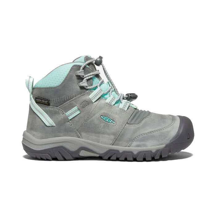 A single KEEN RIDGE FLEX MID CHILD GREY/BLUE TINT hiking boot with teal accents, featuring a high traction sole, waterproof upper, and padded collar, displayed against a white background.