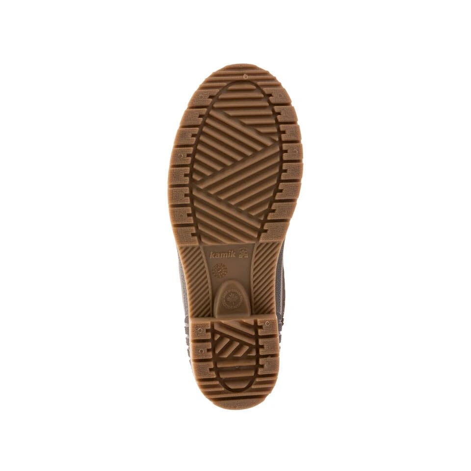 Kamik Sienna 2 brown shoe sole with tread pattern on white background, waterproof.
Product Name: KAMIK SIENNA 2 KNIT DARK BROWN - WOMENS
Brand Name: Kamik