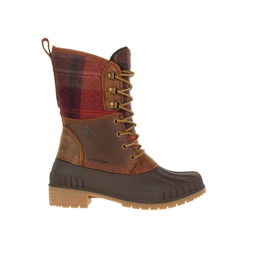 Women&#39;s waterproof leather and plaid fabric Kamik Sienna 2 Knit Dark Brown boot isolated on a white background.