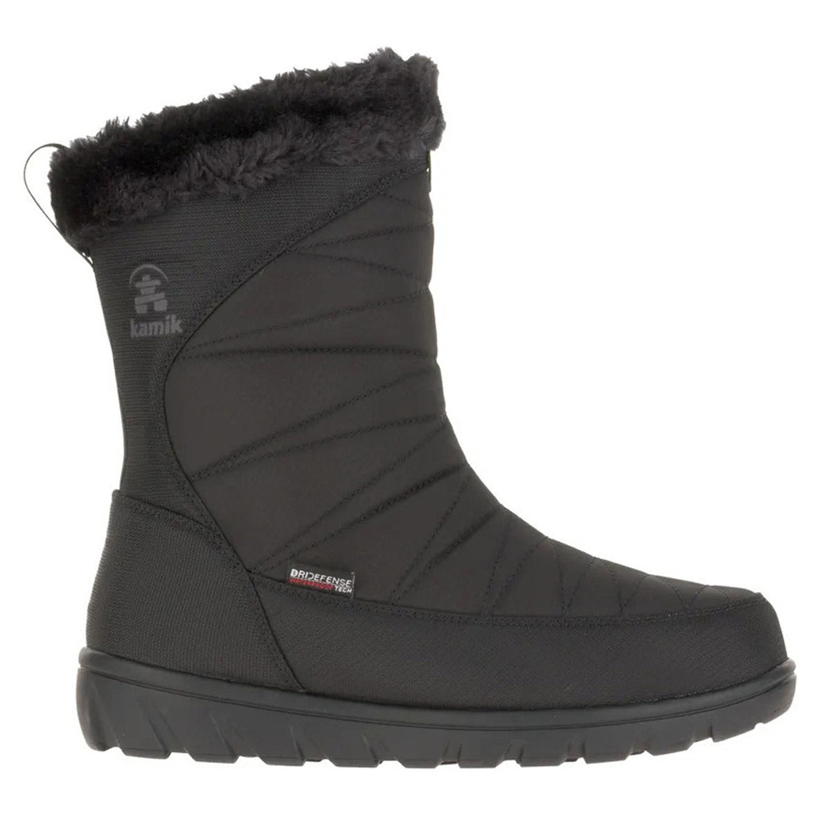 A KAMIK HANNAH ZIP WIDE WIDTH BLACK - WOMENS waterproof, insulated winter boot with a fur collar and a rubber sole.