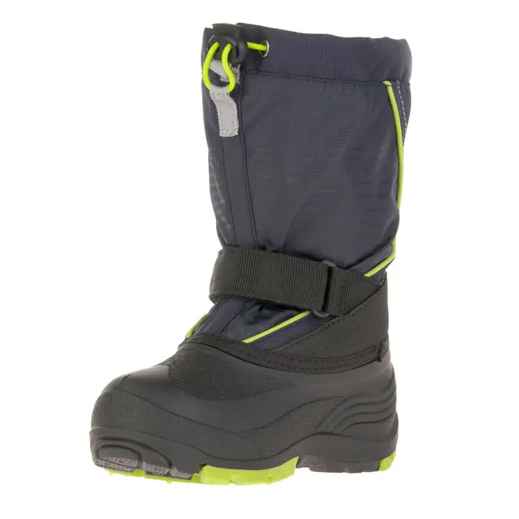 A single insulated, waterproof winter boot with a velcro strap and bright color accents, designed as the Kamik Snowfall Navy/Lime - Kids boot.
