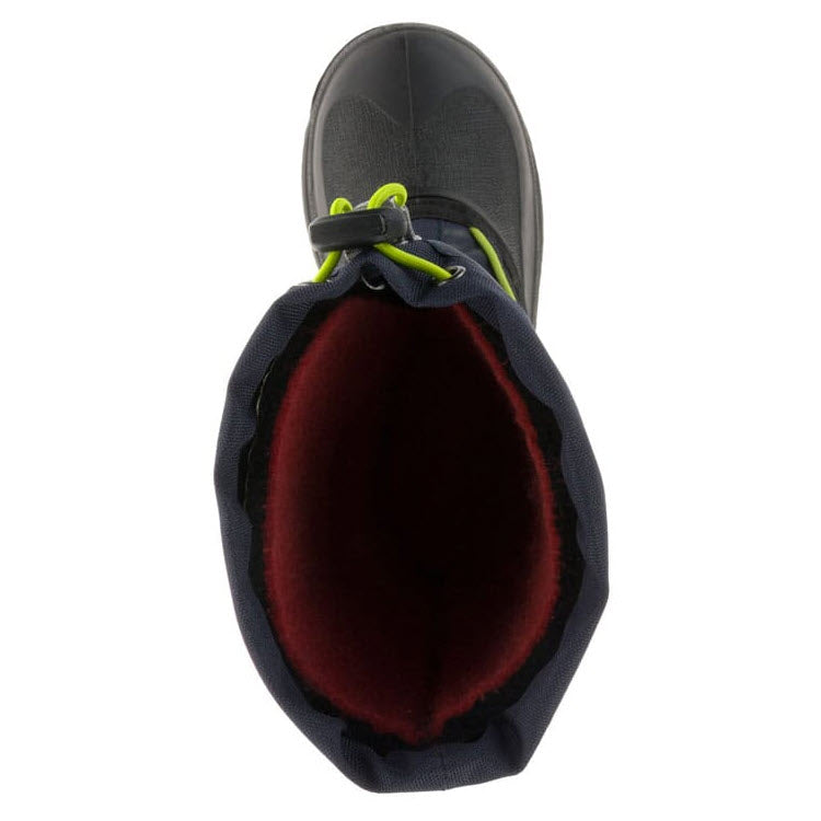 Top-down view of a black Kamik Snowfall Navy/Lime kid&#39;s boot with a red interior and neon green shoelaces, waterproof and -40°F comfort rated.