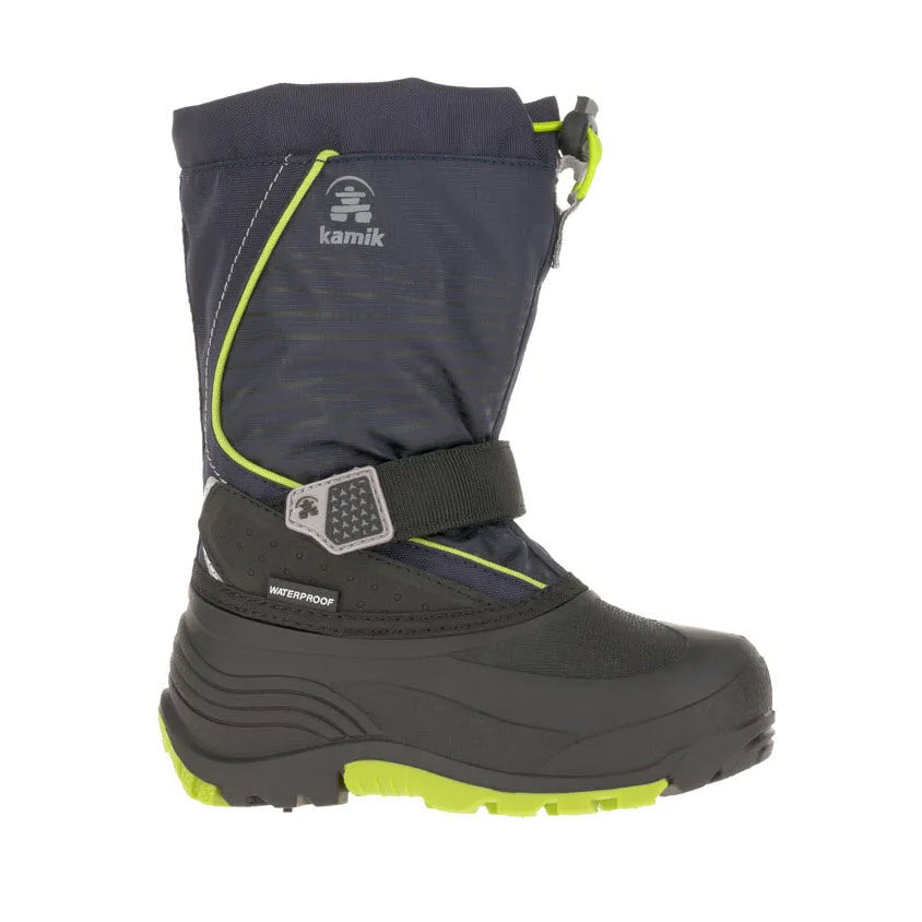 Kamik Snowfall Navy/Lime kid's boot: Insulated waterproof winter boot with adjustable strap, reflective accents, and -40°F comfort rated.