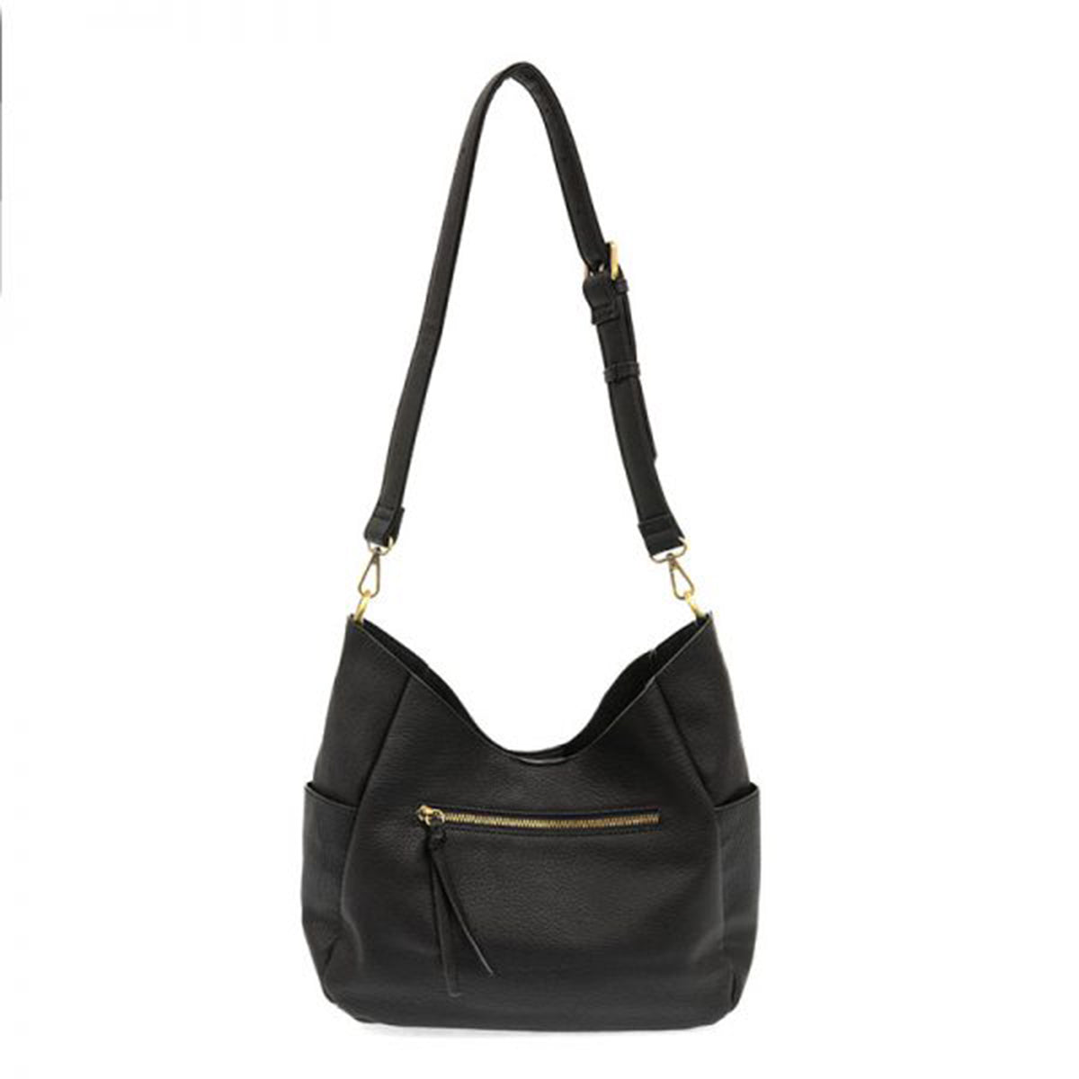 JOY SUSAN HADLEY HOBO BLACK vegan leather shoulder bag with external zipper pocket.