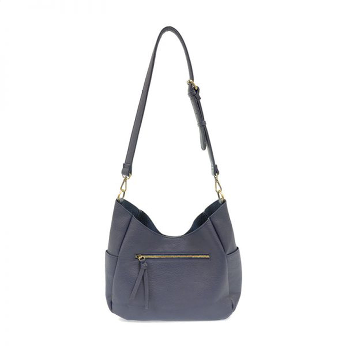 Navy vegan leather shoulder bag with a zippered front pocket by Joy Susan.