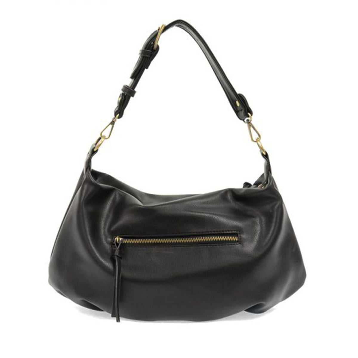Joy Susan Suzy Convertible Hobo Black vegan leather shoulder bag with a single strap and front zipper detail.