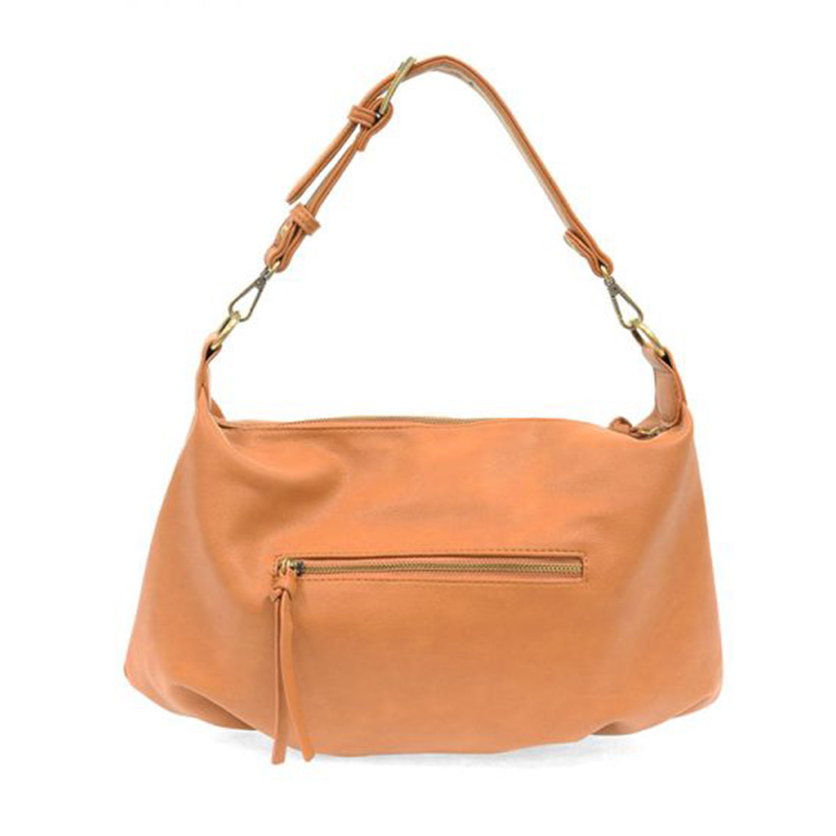 Sun tan vegan leather bag with front zipper and gold-tone hardware.