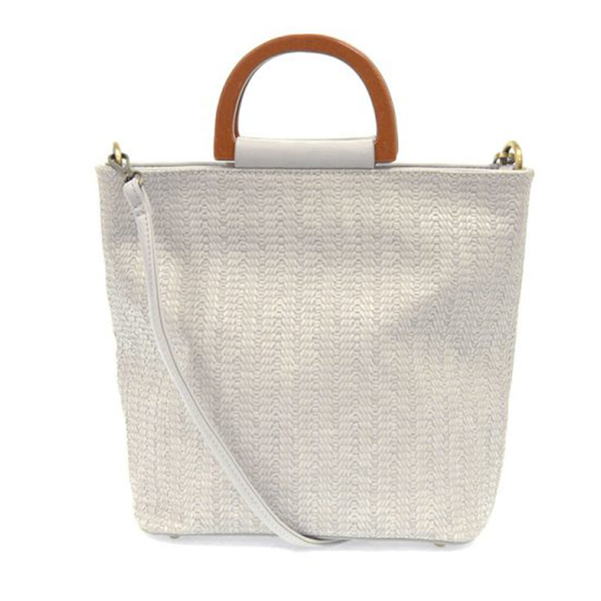 Joy Susan soft grey woven tote with wood handle and detachable, adjustable crossbody strap.