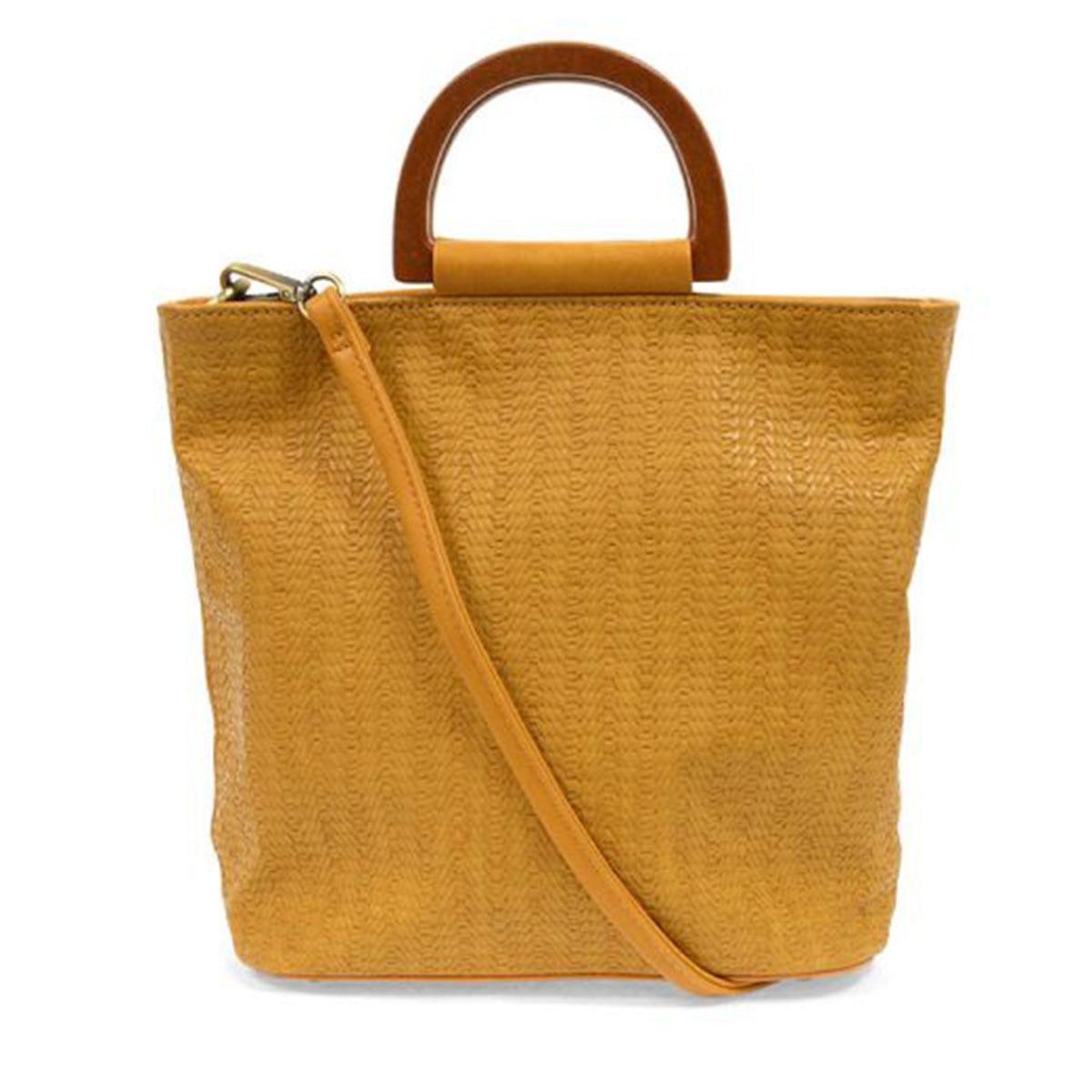 Joy Susan tawny brown woven tote bag with wood handles and an adjustable crossbody strap.
