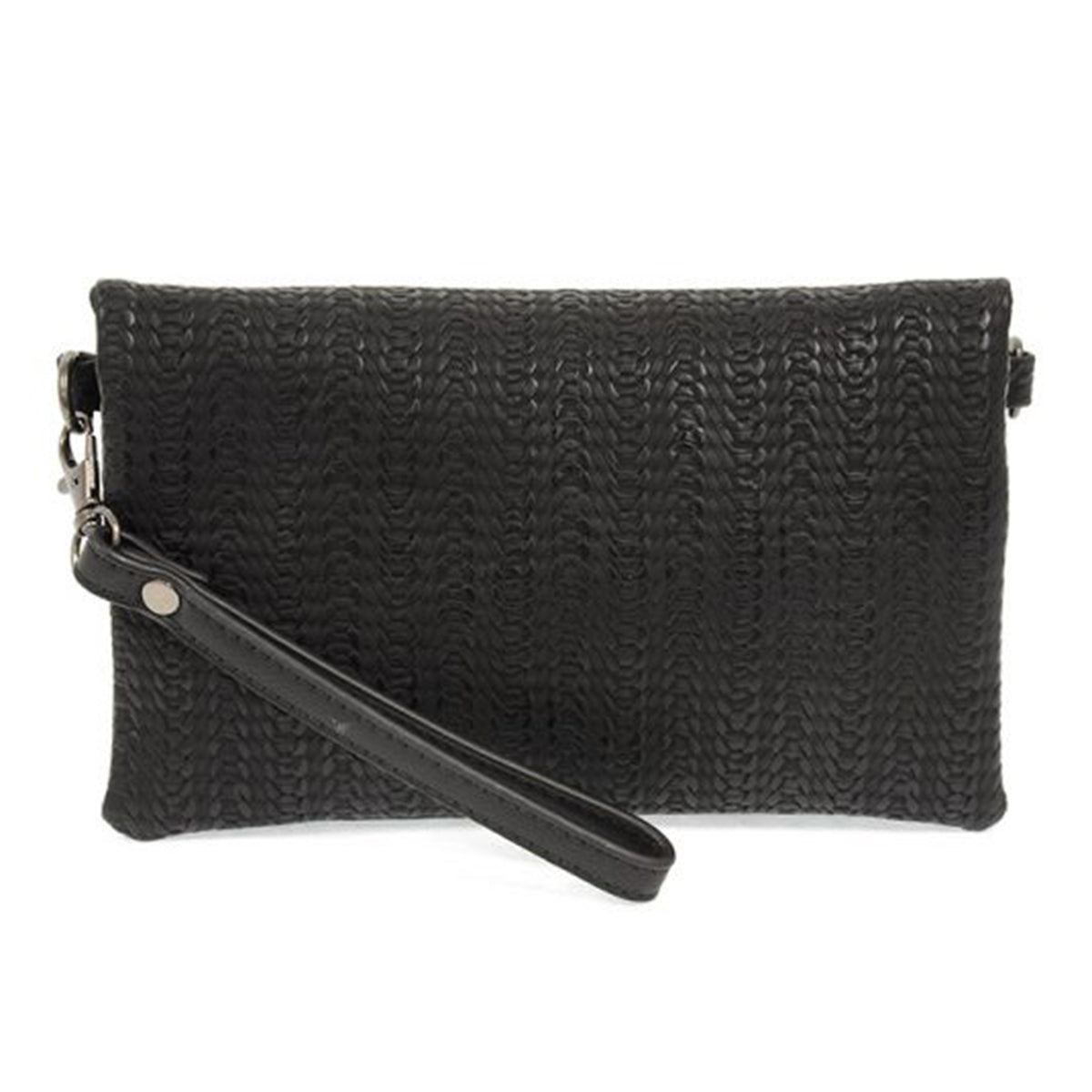 Black textured Joy Susan Kate Woven crossbody bag with wrist strap.