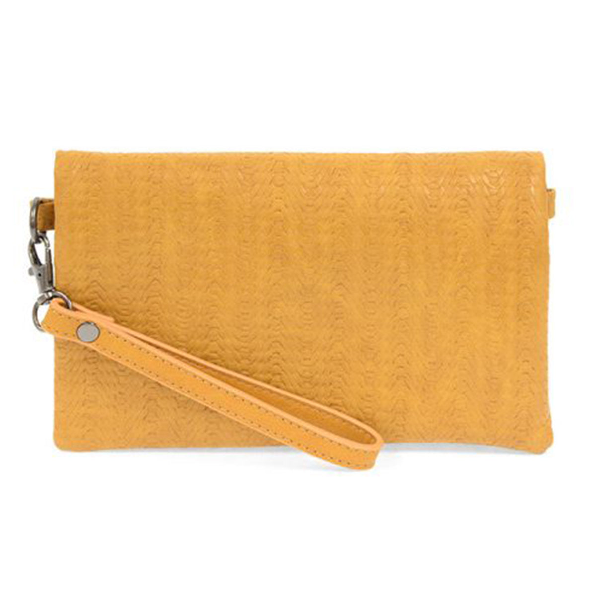 Yellow textured clutch with a Joy Susan Kate Woven Crossbody Tawny Brown strap.
