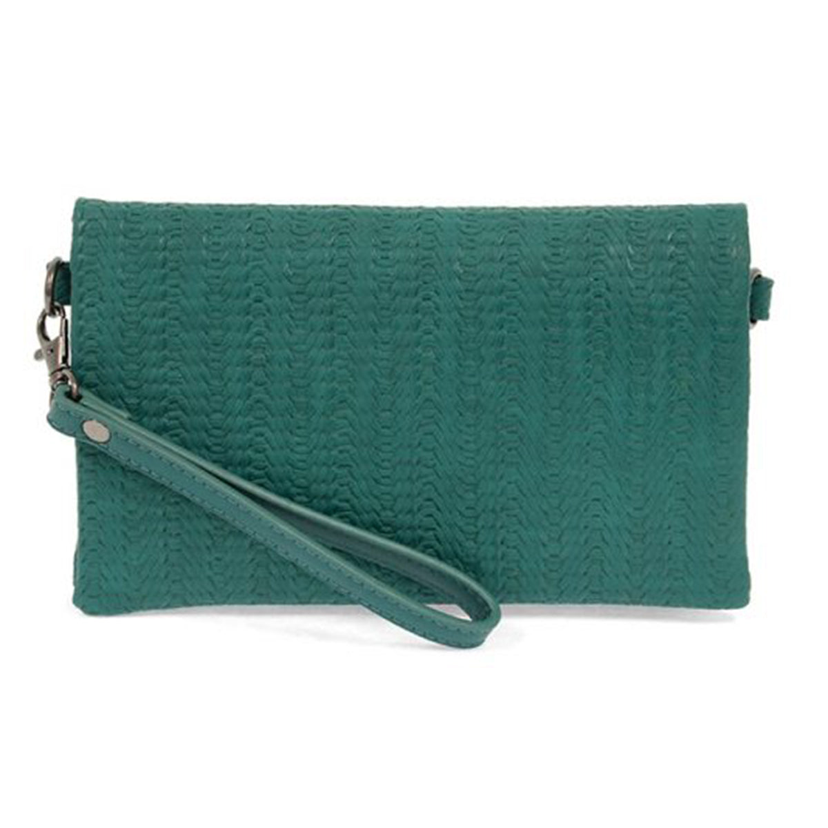 JOY SUSAN KATE WOVEN CROSSBODY TURQUOISE vegan leather wristlet clutch with a textured pattern, a strap, and credit card slots.