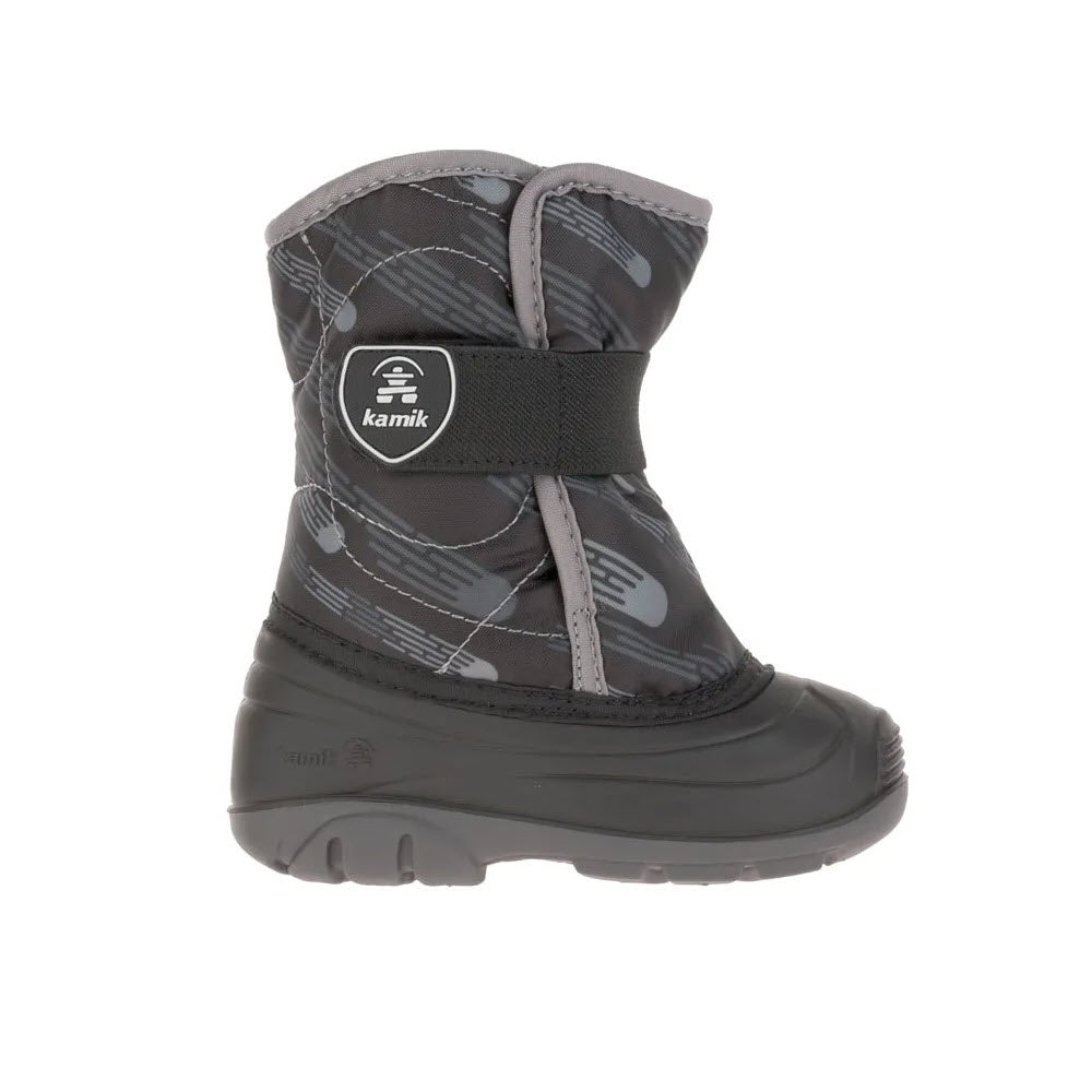 Toddler&#39;s Kamik Kamik Snowbug 4 Printed Black snow boot with adjustable strap and RubberHe bottoms.
