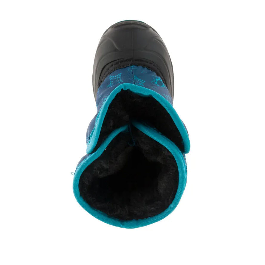 Top view of a blue and black Kamik toddler snow boot with a warm lining and RubberHe bottoms.