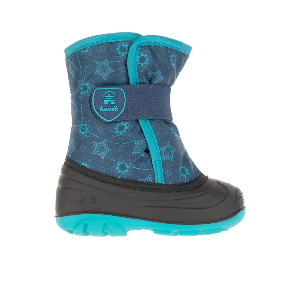 Children&#39;s blue and black waterproof winter boot with a strap and snowflake pattern from Kamik.