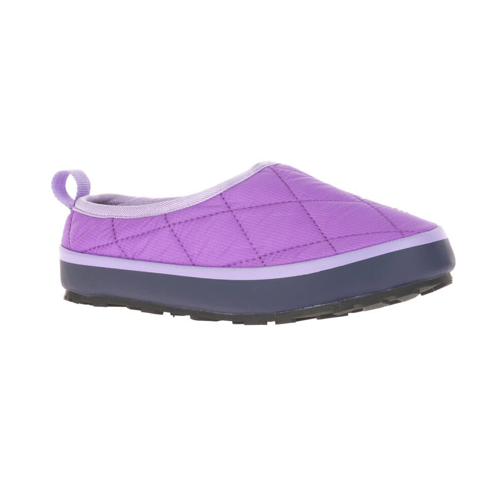 Single purple Kamik Puffy Lavender slipper with quilted nylon upper and pull tab on a white background.