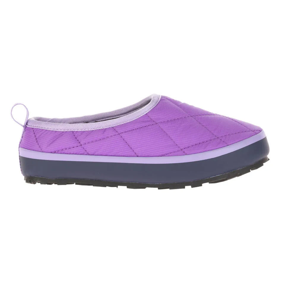 A single purple slip-on Kamik Puffy Lavender slipper with a quilted nylon upper design and a contrasting grey elastic gusset on a white background.