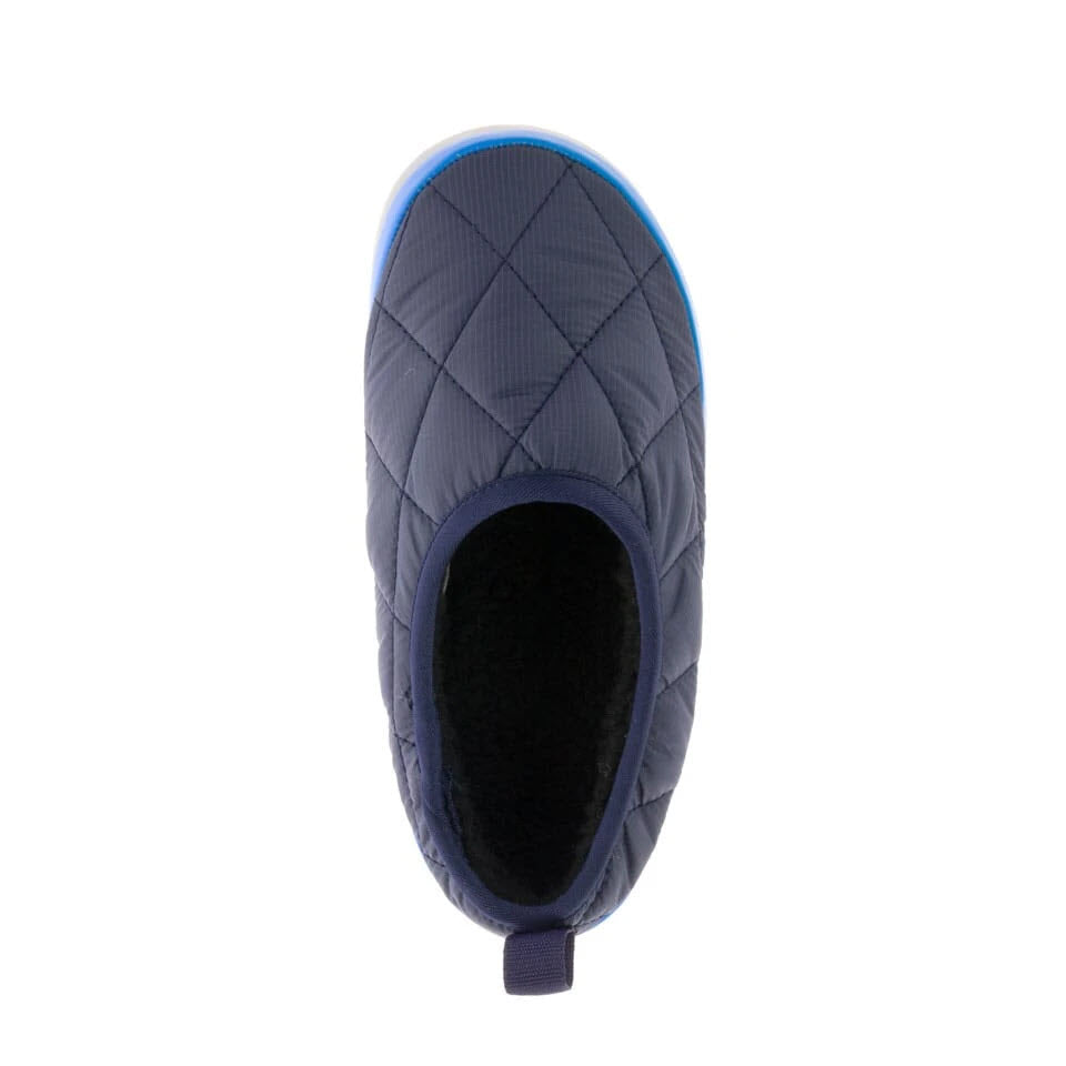 Top view of a cozy, quilted blue Kamik Puffy slipper.