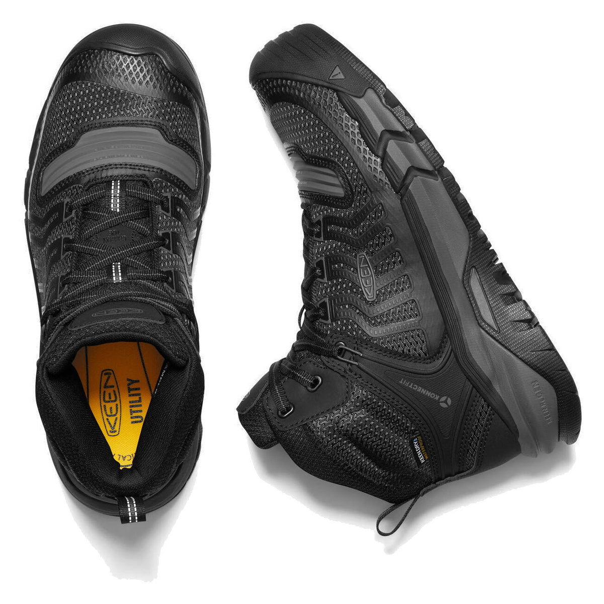 A pair of black sneakers featuring the KEEN.DRY technology label, with the brand &quot;Keen&quot; visible on the insole.