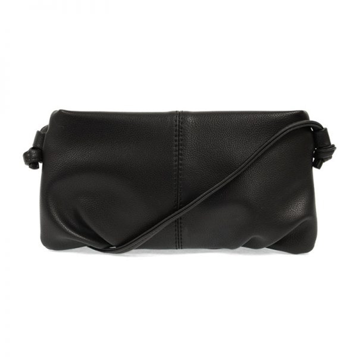 Joy Susan Emmie Crossbody Black vegan leather clutch purse with shoulder strap and brass plated hardware on a white background.