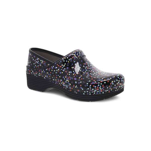 Women&#39;s Dansko LT Pro Confetti Patent clog with a heart emblem on a white background, featuring a cushioned footbed.
