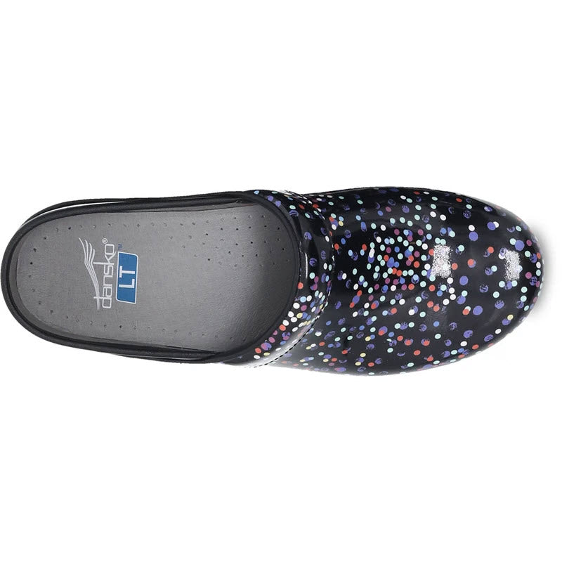 A top view of a single multicolored polka-dotted Dansko LT Pro Confetti Patent clog-style shoe on a white background.