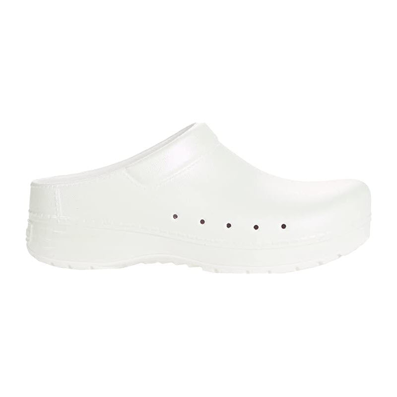 Single white Dansko Kane Pearl Iridescent slip-on shoe with ventilation holes on a white background.
