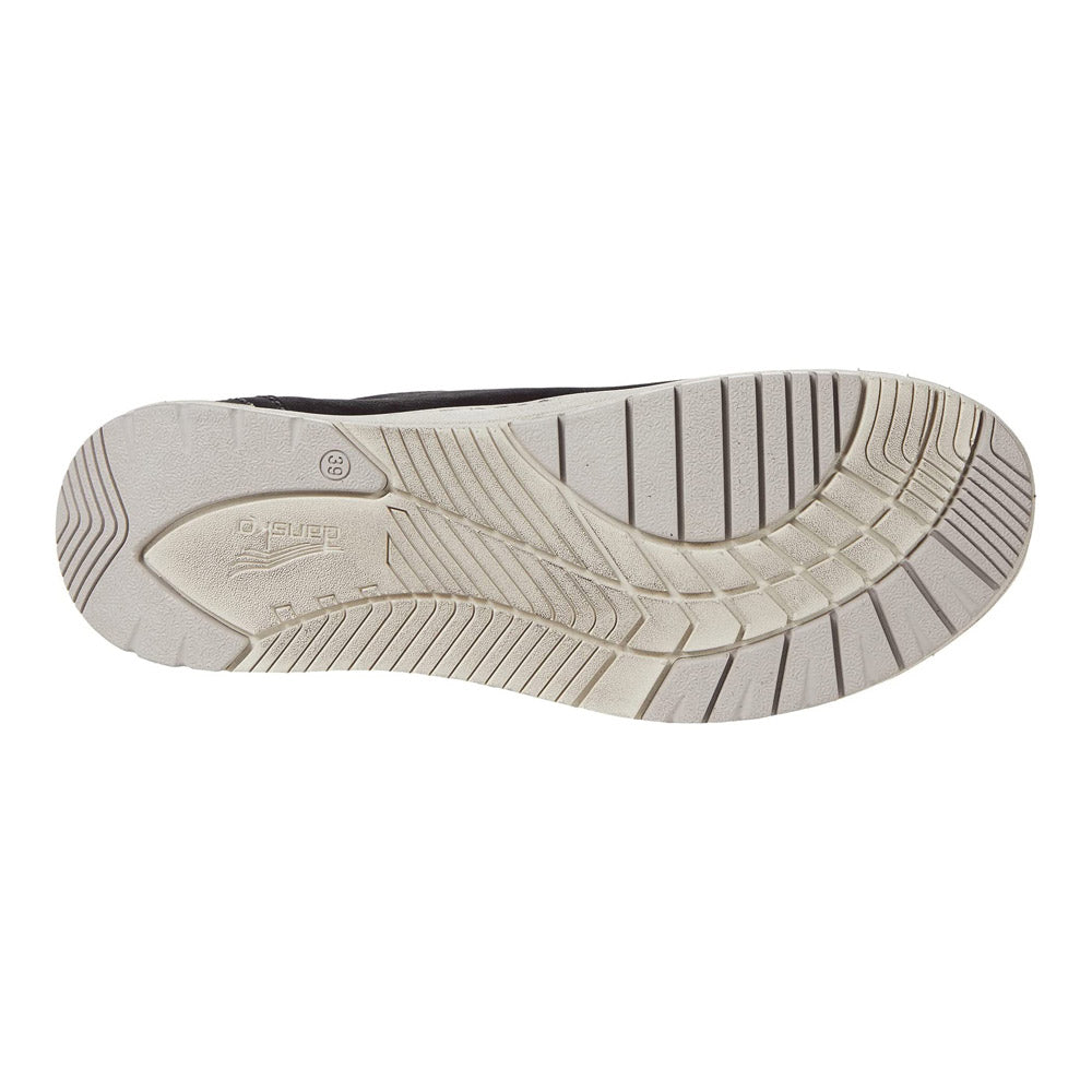 Sole of a Dansko Leela Black Waterproof Nubuck shoe with tread pattern.