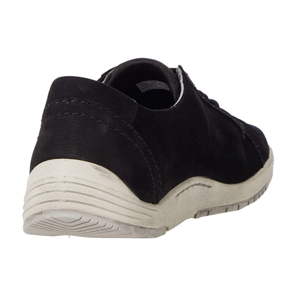 Black casual shoe, featuring Dansko Leela Black Waterproof Nubuck - Womens with arch support and a white sole, displayed against a white background.