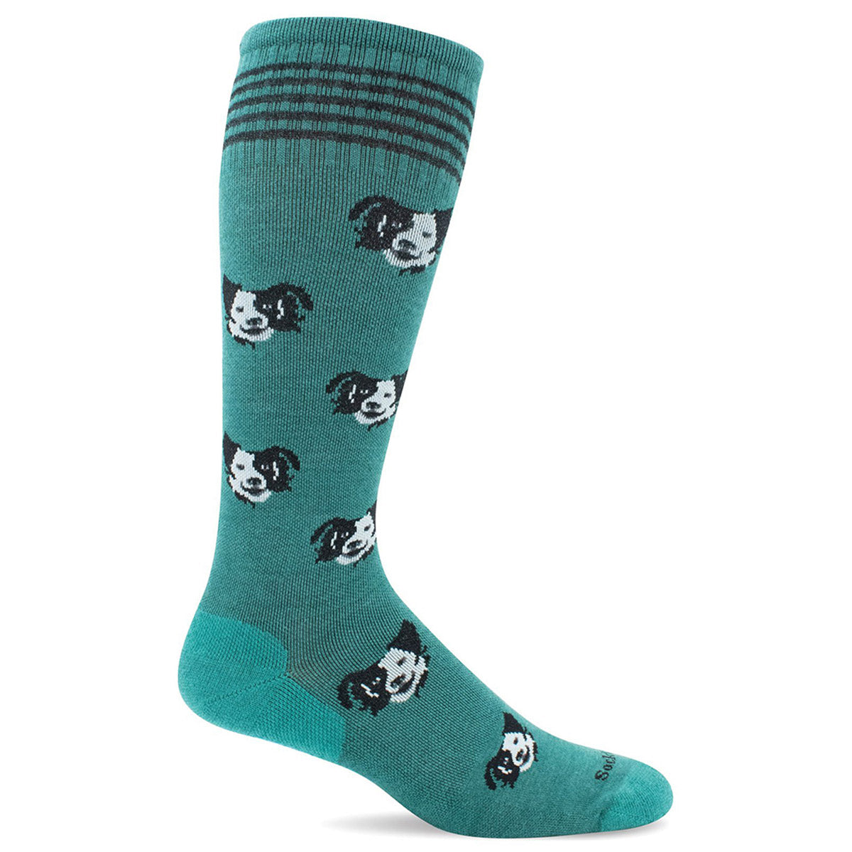 A teal compression sock with a pattern of panda faces and striped detailing on the leg, featuring arch support, featuring the SOCKWELL CANINE CUDDLE JADE 15 20 MMHG COMPRESSION SOCKS for women by Sockwell.