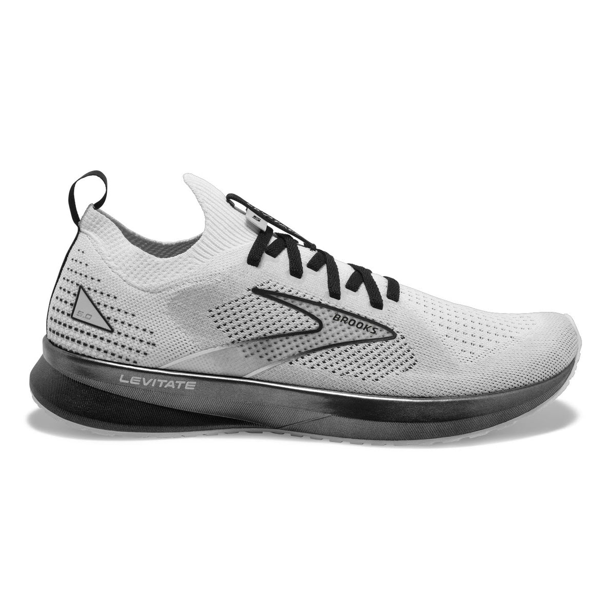 Side view of a white Brooks Levitate StealthFit White/Grey/Black- Mens Running Shoe against a white background.