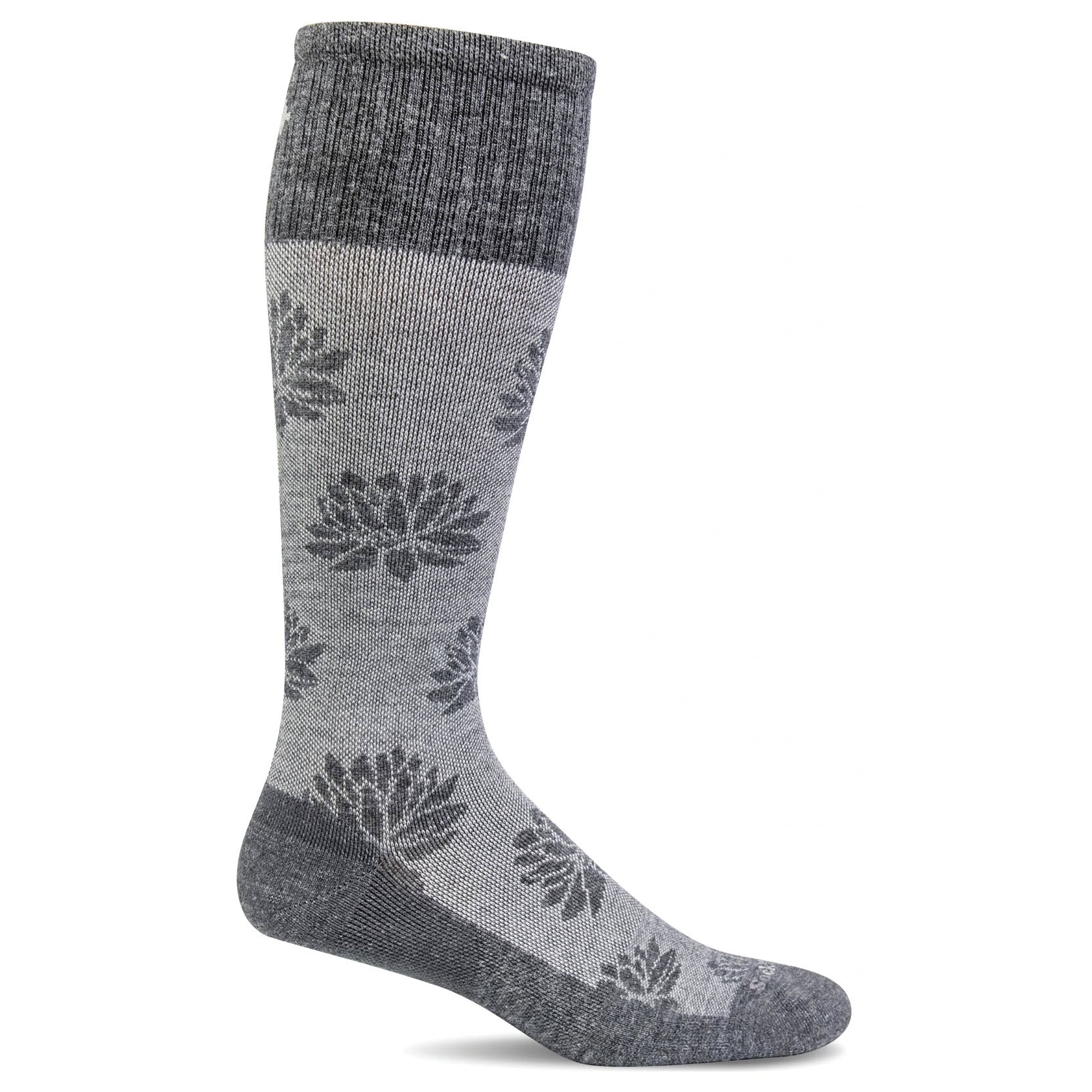 Graduated Sockwell Lotus Lift Charcoal 20-30mmHg compression socks with gray patterned floral design isolated on a white background.