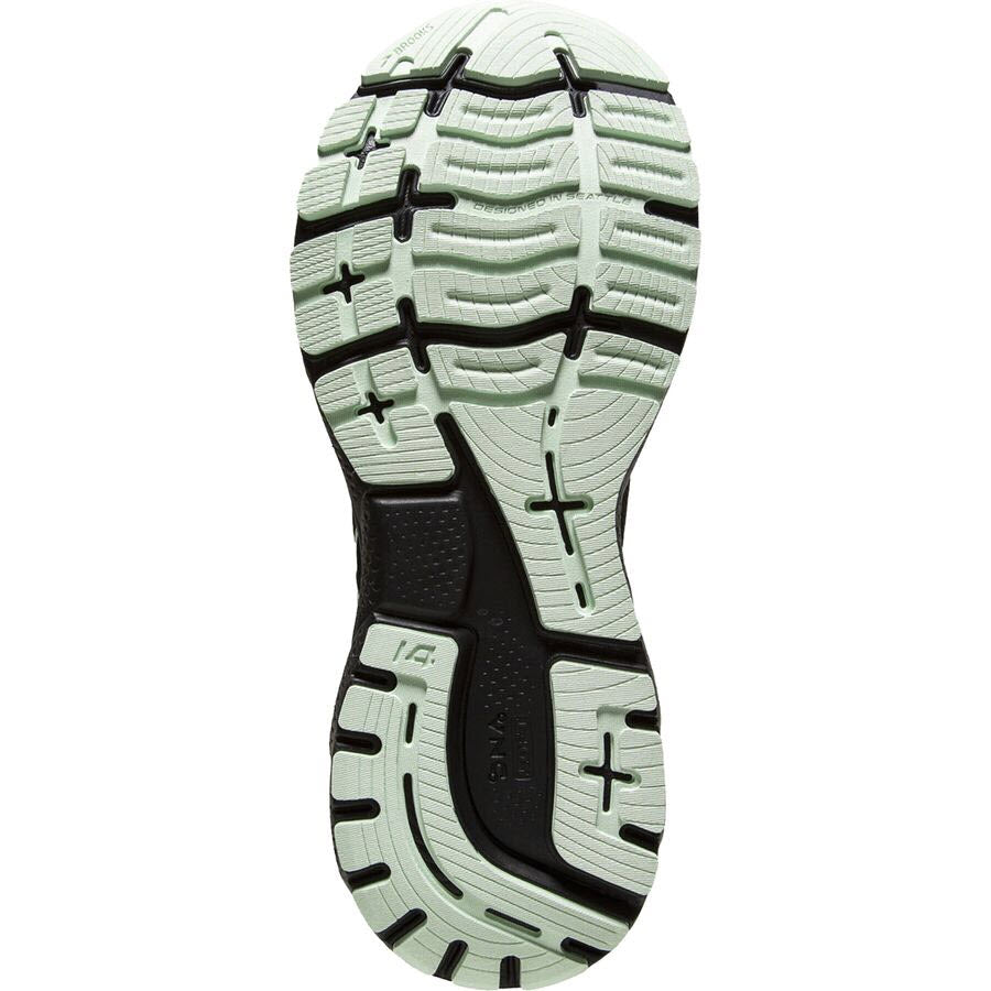 Sole of a Brooks Ghost 14 GTX Black/Blackened Pearl - Womens running shoe with tread pattern and branding details.