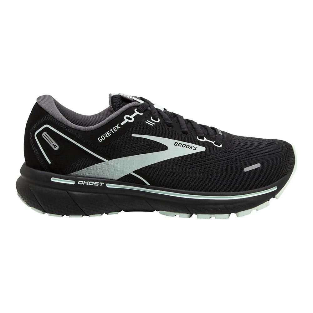 Brooks Ghost 14 GTX black/blackened pearl running shoe with silver accents and brand logo visible on the side.
