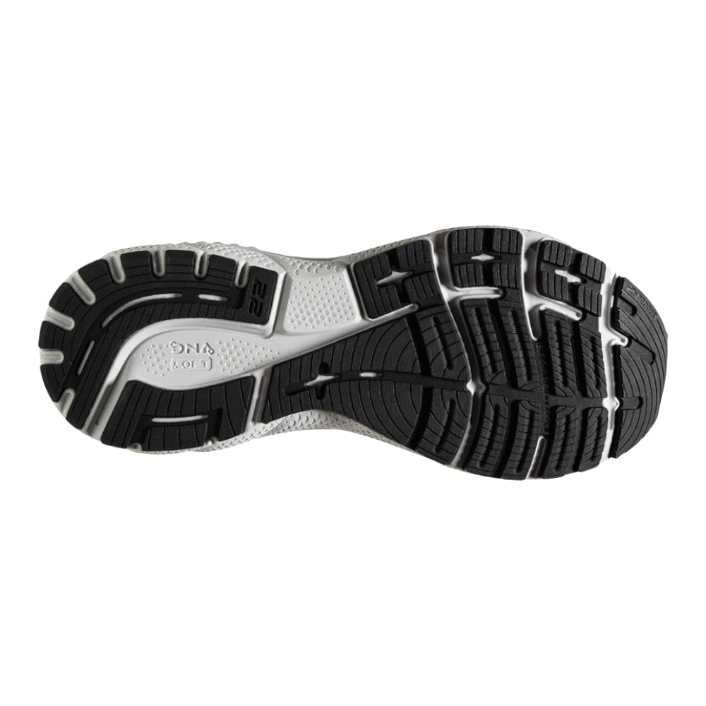 The sole of a Brooks Adrenaline GTS 22 Alloy/Grey support shoe with black and white tread pattern.