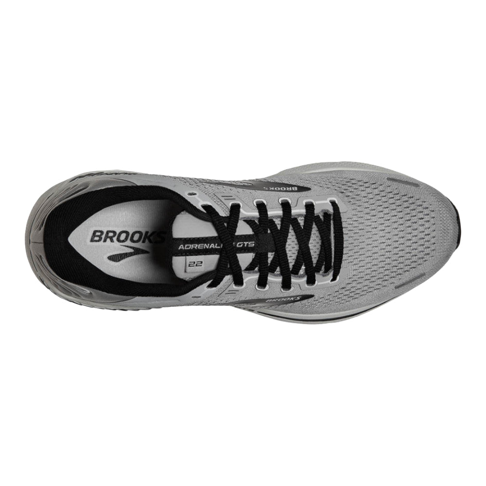 Top view of a gray Brooks Adrenaline GTS 22 support shoe with black laces.