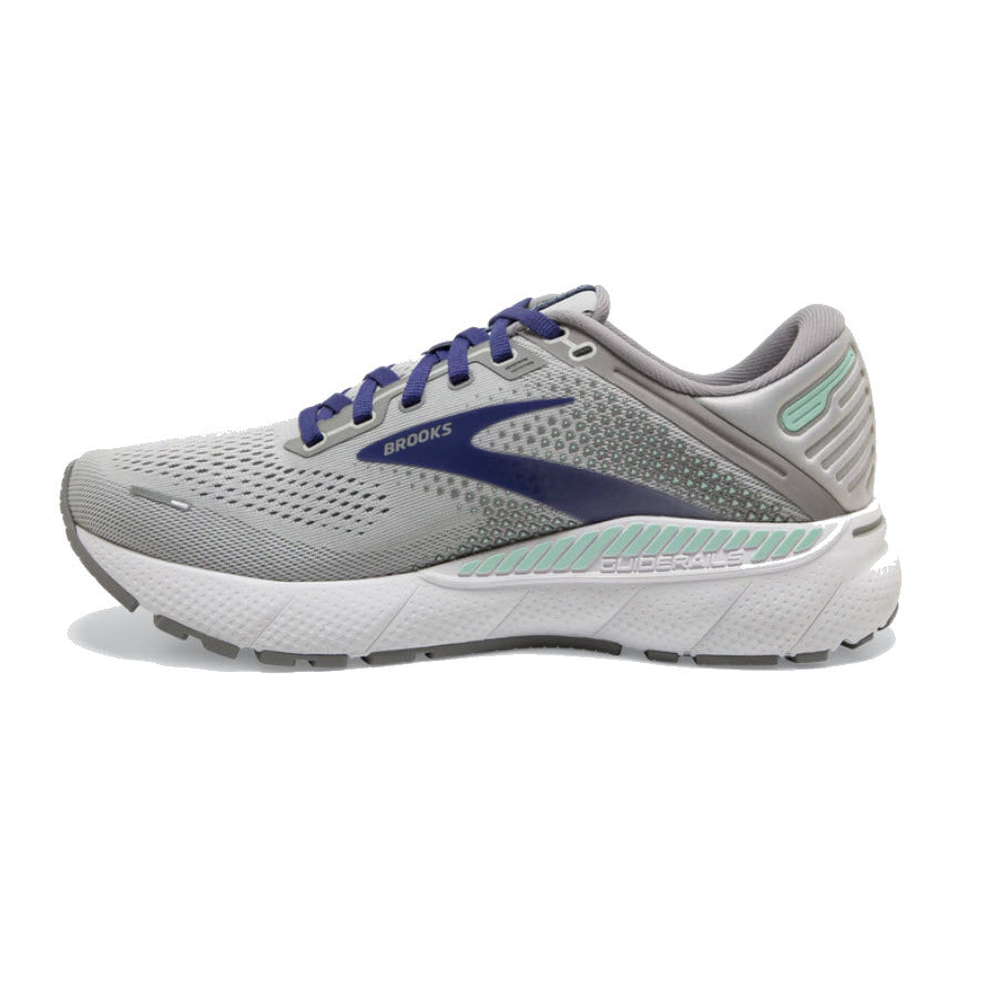Side view of a gray and blue Brooks Adrenaline GTS 22 Alloy/Blue/Green running shoe.