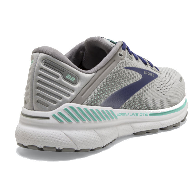 A side view of a gray and white Brooks Adrenaline GTS 22 Alloy/Blue/Green running shoe with blue accents.