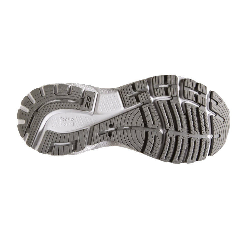 Tread pattern of a gray and white Brooks ADRENALINE GTS 22 ALLOY/BLUE /GREEN - WOMENS sneaker sole.