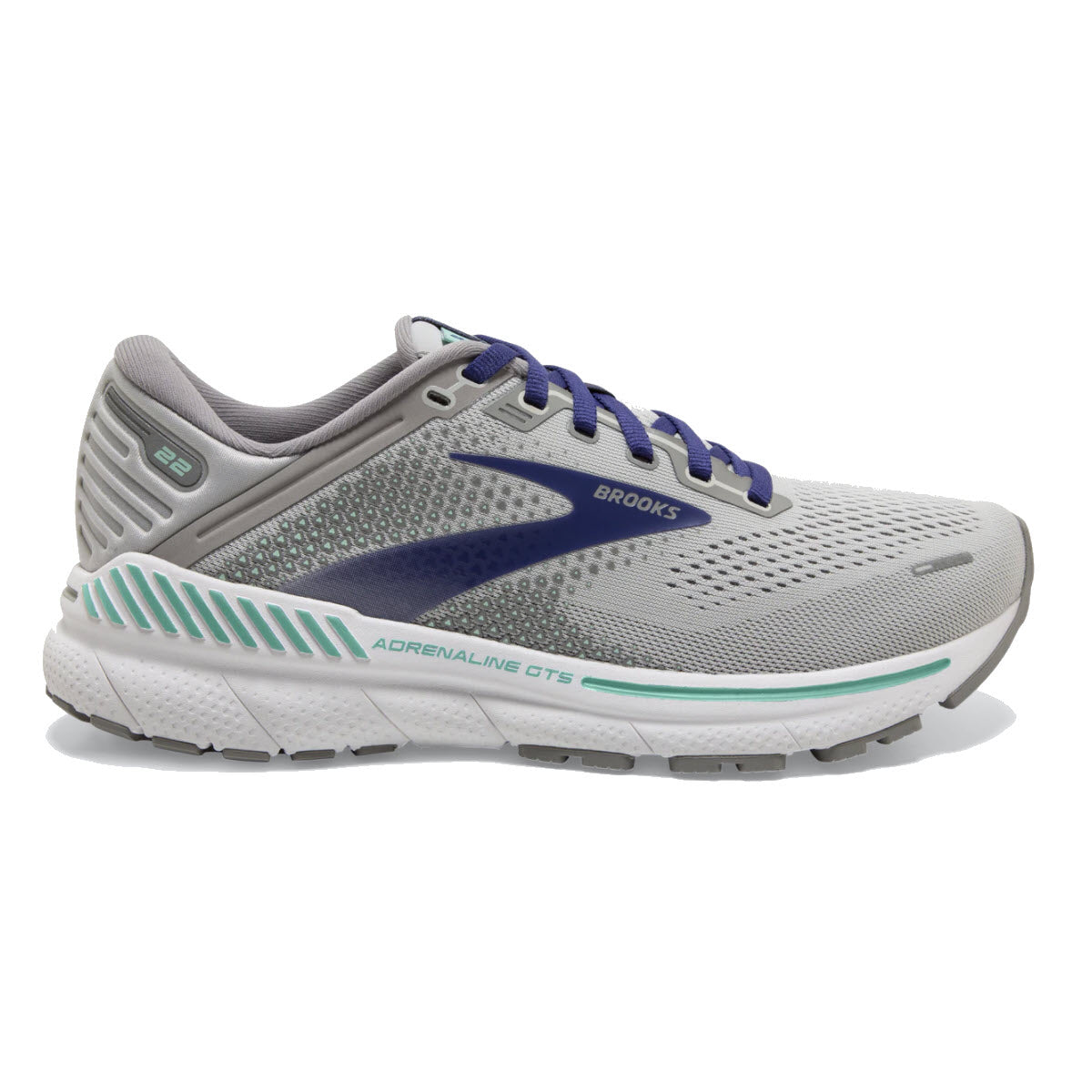 Side view of a Brooks Adrenaline GTS 22 alloy/blue/green running shoe.
