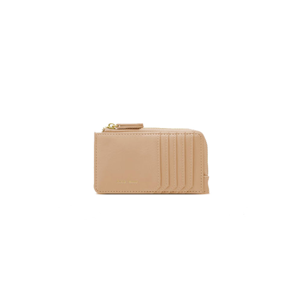 Beige leather Pixie Mood Quinn Card Wallet Sand with multiple card slots and zip around compartment.