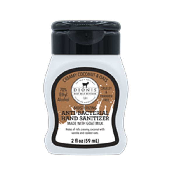 Bottle of moisturizing Dionis Hand Sanitizer 2 oz Creamy Coconut with creamy coconut and oats scent.