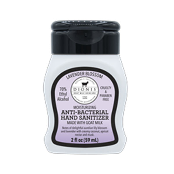 A bottle of Dionis Hand Sanitizer 2 oz Lavender antimicrobial liquid hand sanitizer with goat milk.