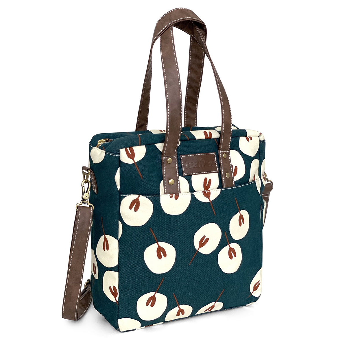 MAIKA COMMUTER TOTE TANSY with cherry design, waterproof lining, and brown leather handles by Maika.