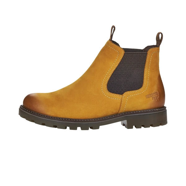 A brown leather Remonte Chelsea Lug Bottom Boot with elastic side panels and a rugged sole, waterproof and on-trend.