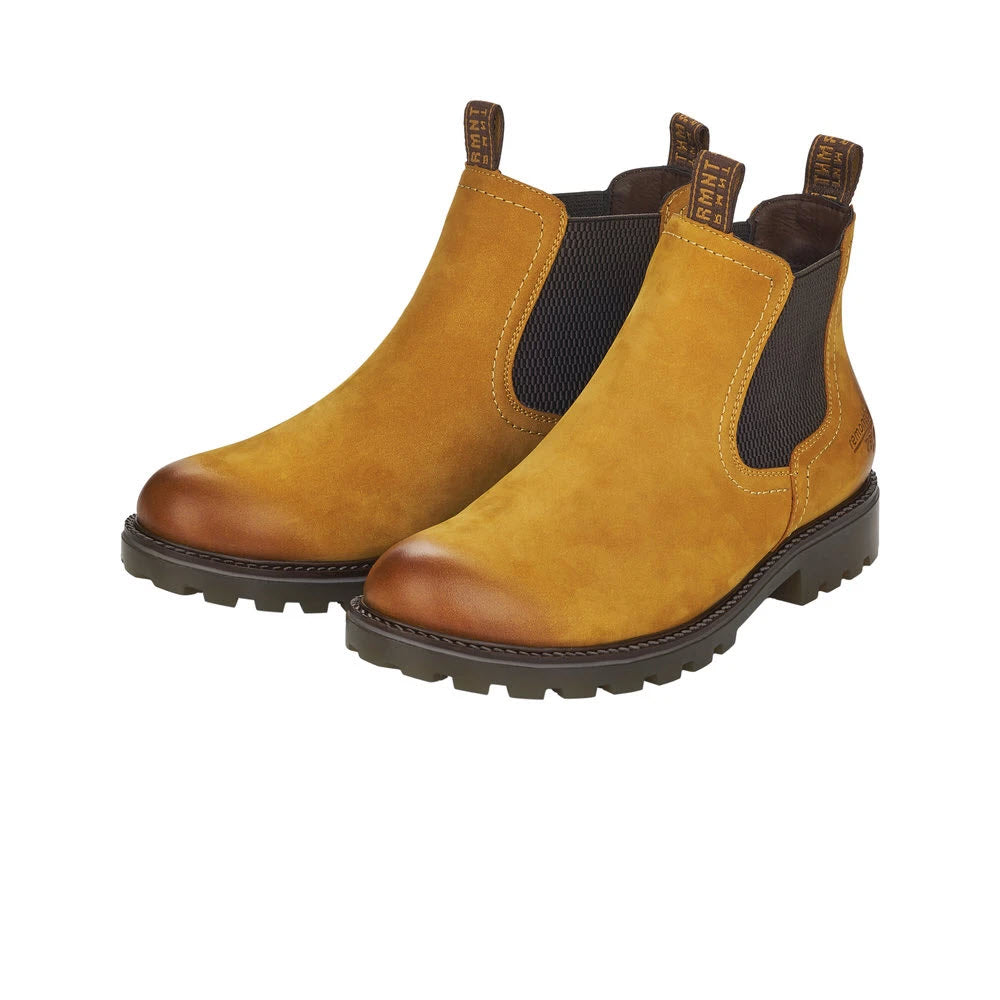 Pair of waterproof brown leather Remonte Lug Bottom Chelsea Amber boots with elastic side panels on a white background.