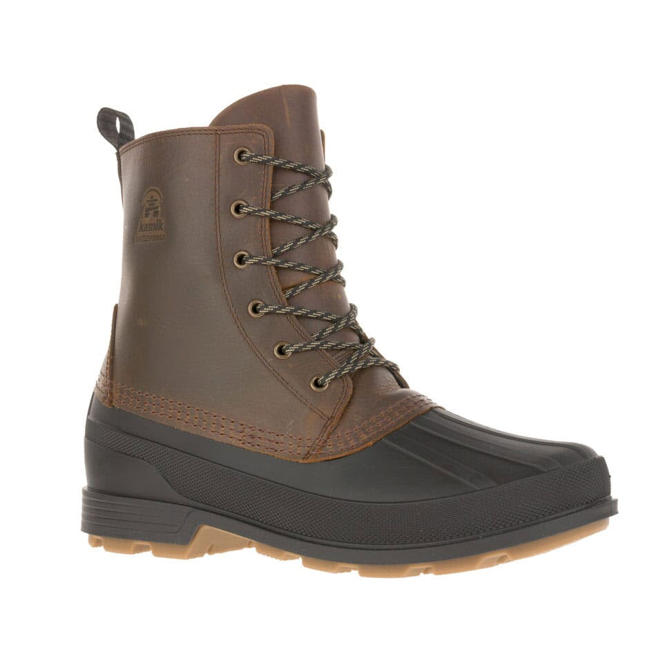 Brown and black Kamik Lawrence L men&#39;s winter boots with waterproof construction against a white background.